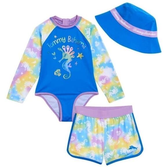 Tommy Bahama Kids' 3-piece Girls Swim Set with bucket hat , Seahorse design New! - Picture 1 of 8